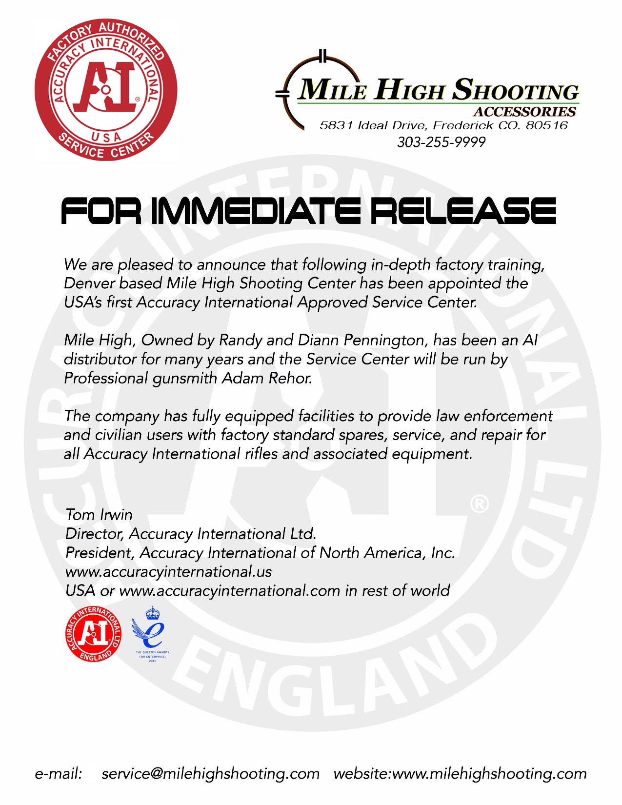 Mile High Shooting Accessories & Accuracy International Service information